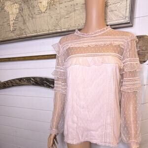 Express Pink Polka Dot Lace Sheer Ruffle Button Blouse Long Sleeve M Women